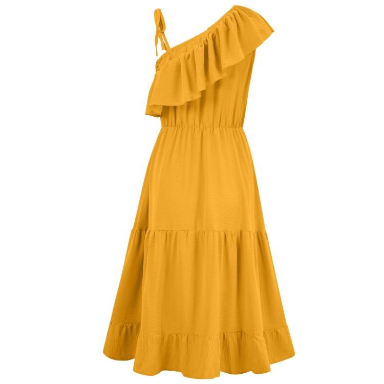 Casual Summer Dress Women Solid Color High Waist Sleeveless A-Line Ruffled Strap Slanted Shoulder Middle Long Dresses Spring S-XL Fashion Trendy