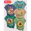 Follow a specific direction Five-piece set for women T T-shirt with vintage floral and bird print Elegant summer clothing Short-sleeved shirt for