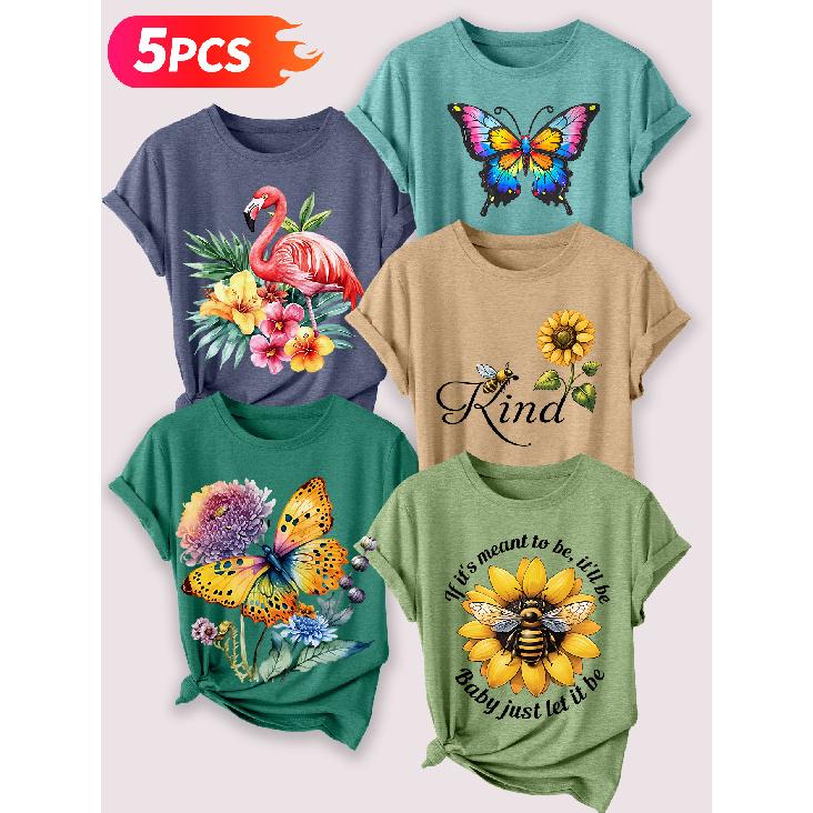 Follow a specific direction Five-piece set for women T T-shirt with vintage floral and bird print Elegant summer clothing Short-sleeved shirt for
