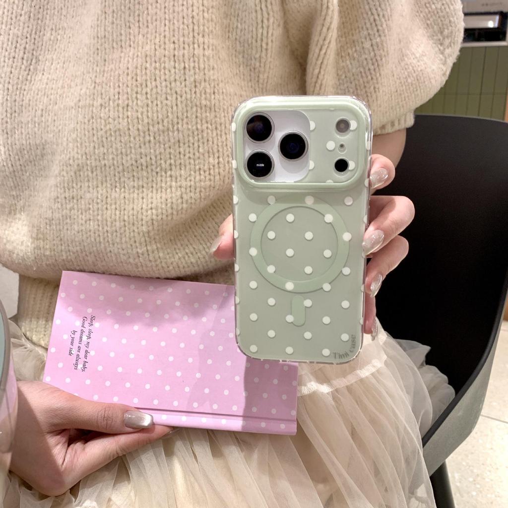 Korean Style Polka Dot iPhone Case, Compatible with 13, 14, 15 Pro & 17 Pro, Full Coverage, Magnetic, Matcha Green.