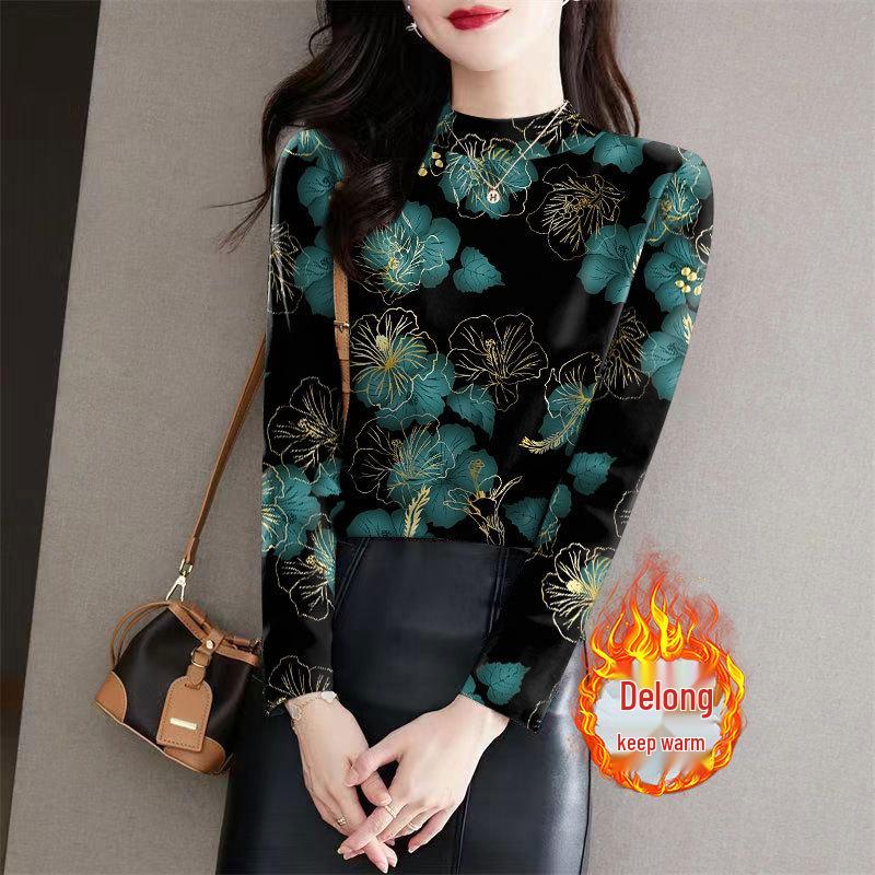 

Women s Ribbed Fleece Base Layer: Semi-High Neck, Long Sleeve, Floral Print, Stylish Slimming Top for Autumn & Winter 4XL (150-170 lbs)