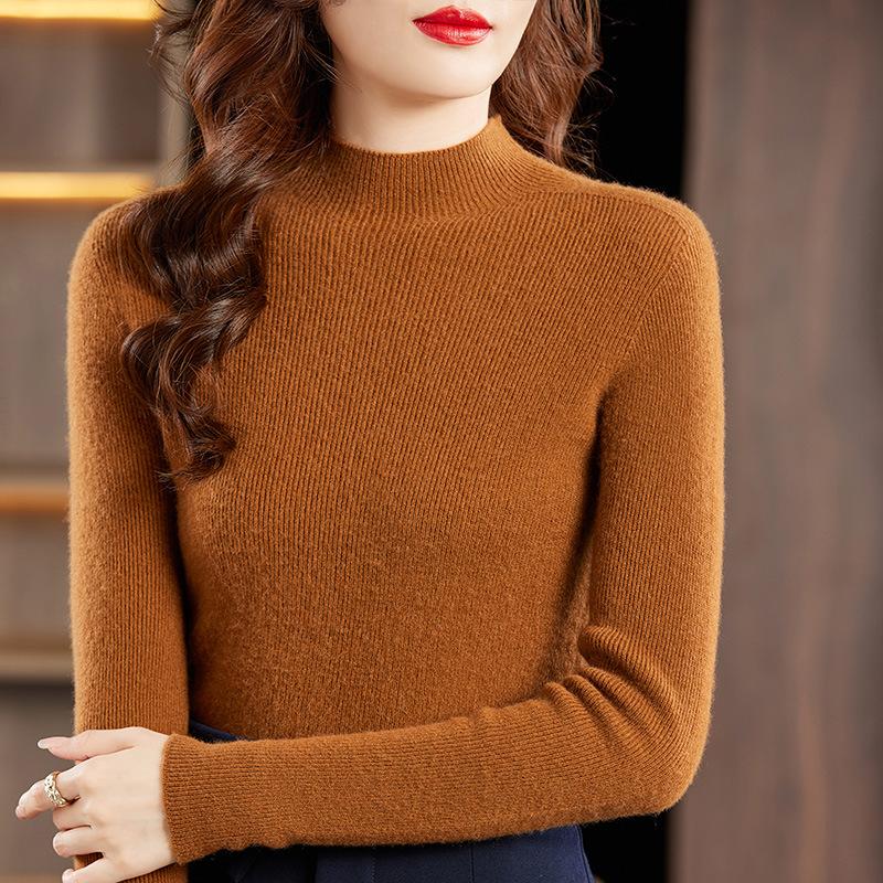 Autumn and Winter Style with Half Turtleneck Pull-up Sweater for Women with Slim Age-reducing Base Shirt Top Warm Long-sleeved Sweater