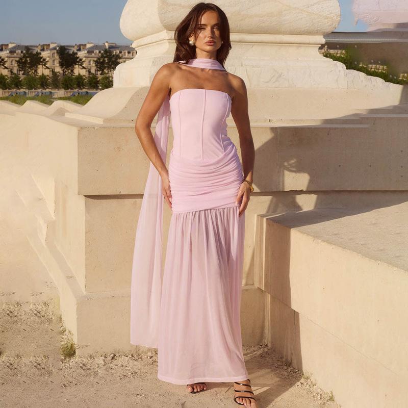 European and American pure desire style sexy one-word shoulder mesh tube top dress femininity high waist slim splicing hip wrap dress