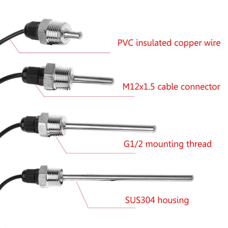 DS18B20 Digital Temperature Sensor G1/2\" Thread Probe DIA=7mm 3-core Wire SUS304 Drop Ship