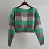 New Arrival Color-Contrast Check Crew Neck Pullover Sweater Knitwear Women's Clothing Autumn and Winter Loose Long-Sleeved Versatile Top Fashion