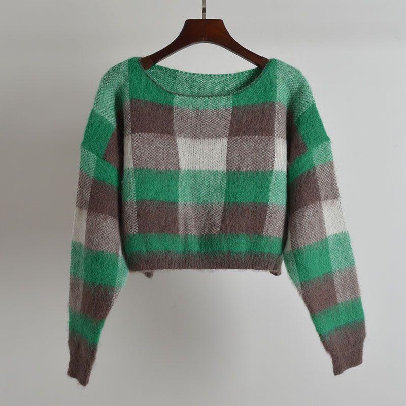 New Arrival Color-Contrast Check Crew Neck Pullover Sweater Knitwear Women's Clothing Autumn and Winter Loose Long-Sleeved Versatile Top Fashion