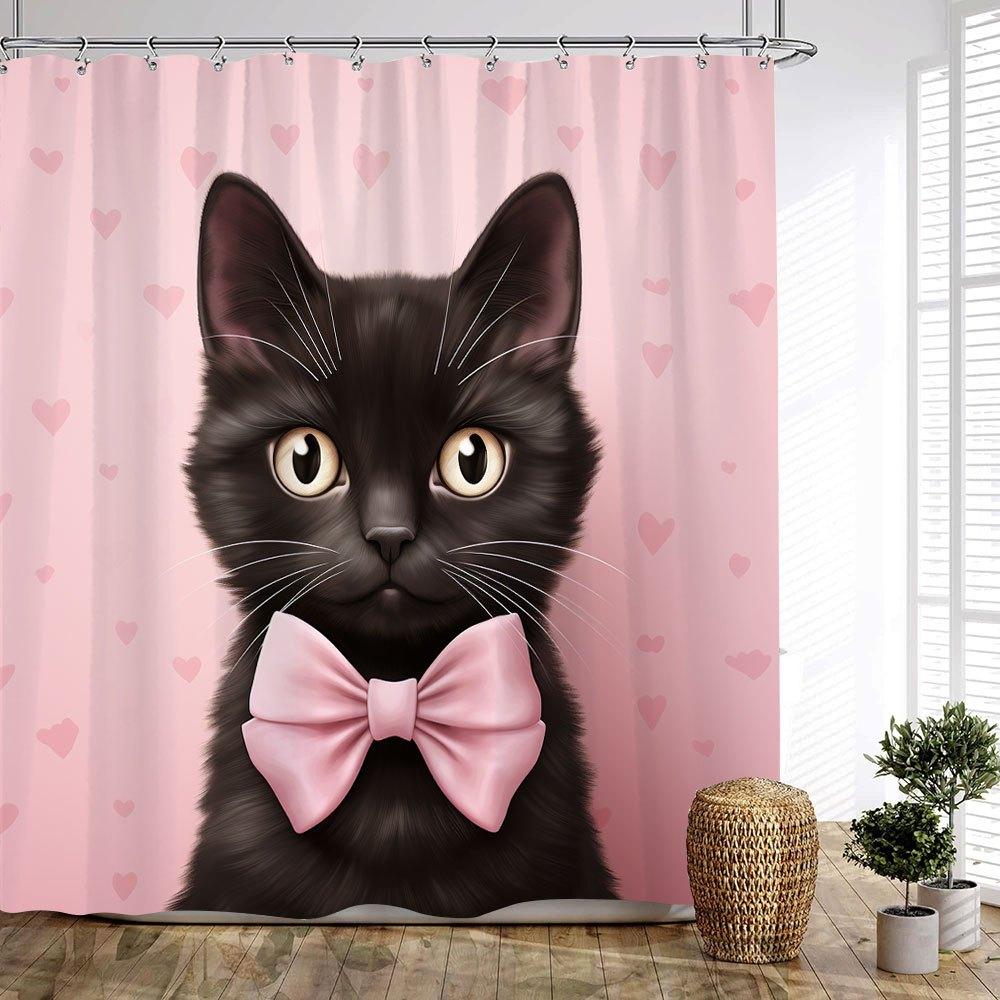 1pc Adorable Bowtie Cat Bath Curtain - Large Polyester Fabric with Pink Heart & Bow Design, 70. 86 x 70. 86 Inches, Machine Wash
