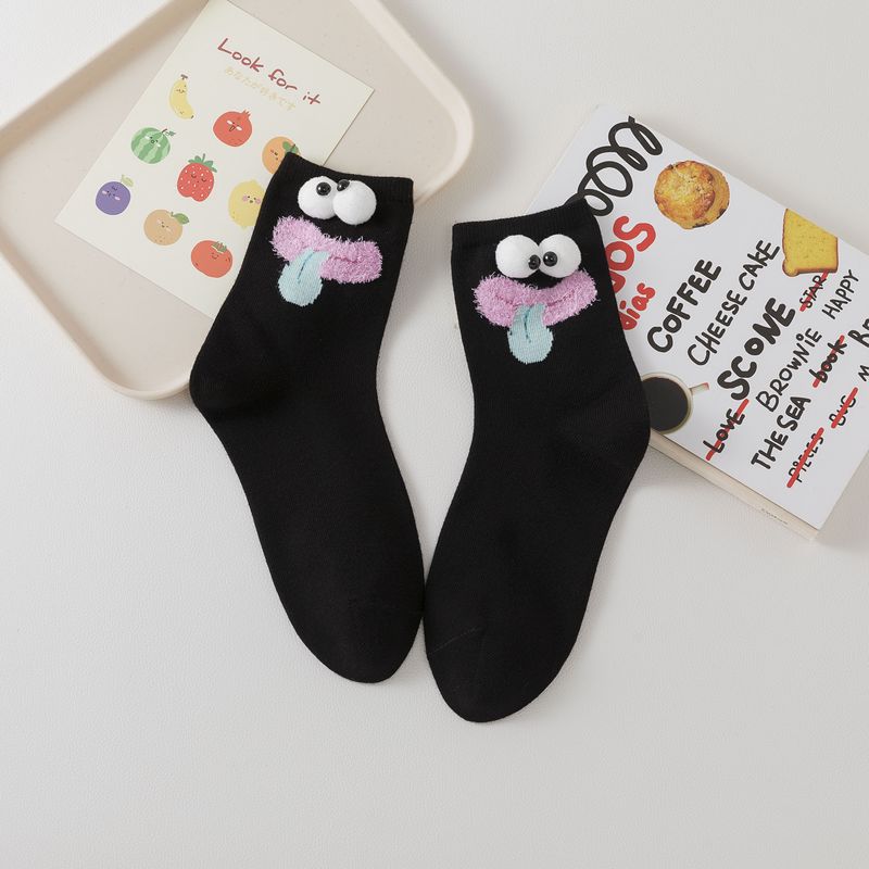 3 Pairs Women's Spring Summer New Cotton Socks Cute Cartoon Ugly Cute Little Eyes MidTube Pile Pile Socks Sweet Style Kawaii