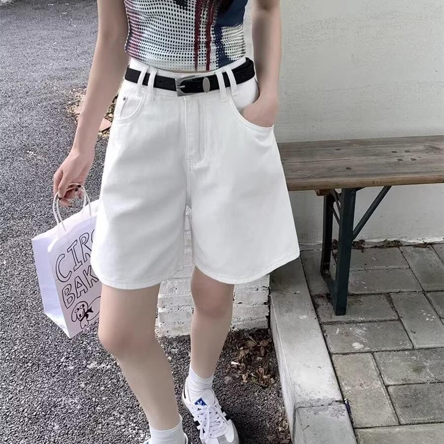Women's Summer High-Waist Loose White Straight-Leg Five-Point Denim Jeans, Casual A-Line Wide-Leg Capri Pants