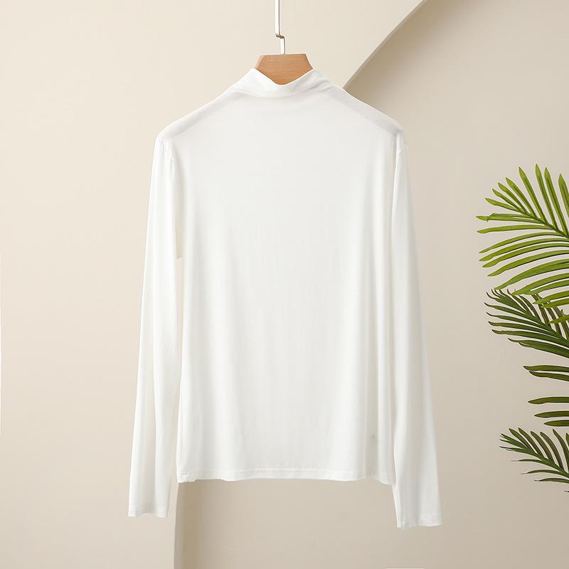 Women's Modal Black Semi-High Neck Slimming Long Sleeve T-Shirt for Autumn Winter Wear