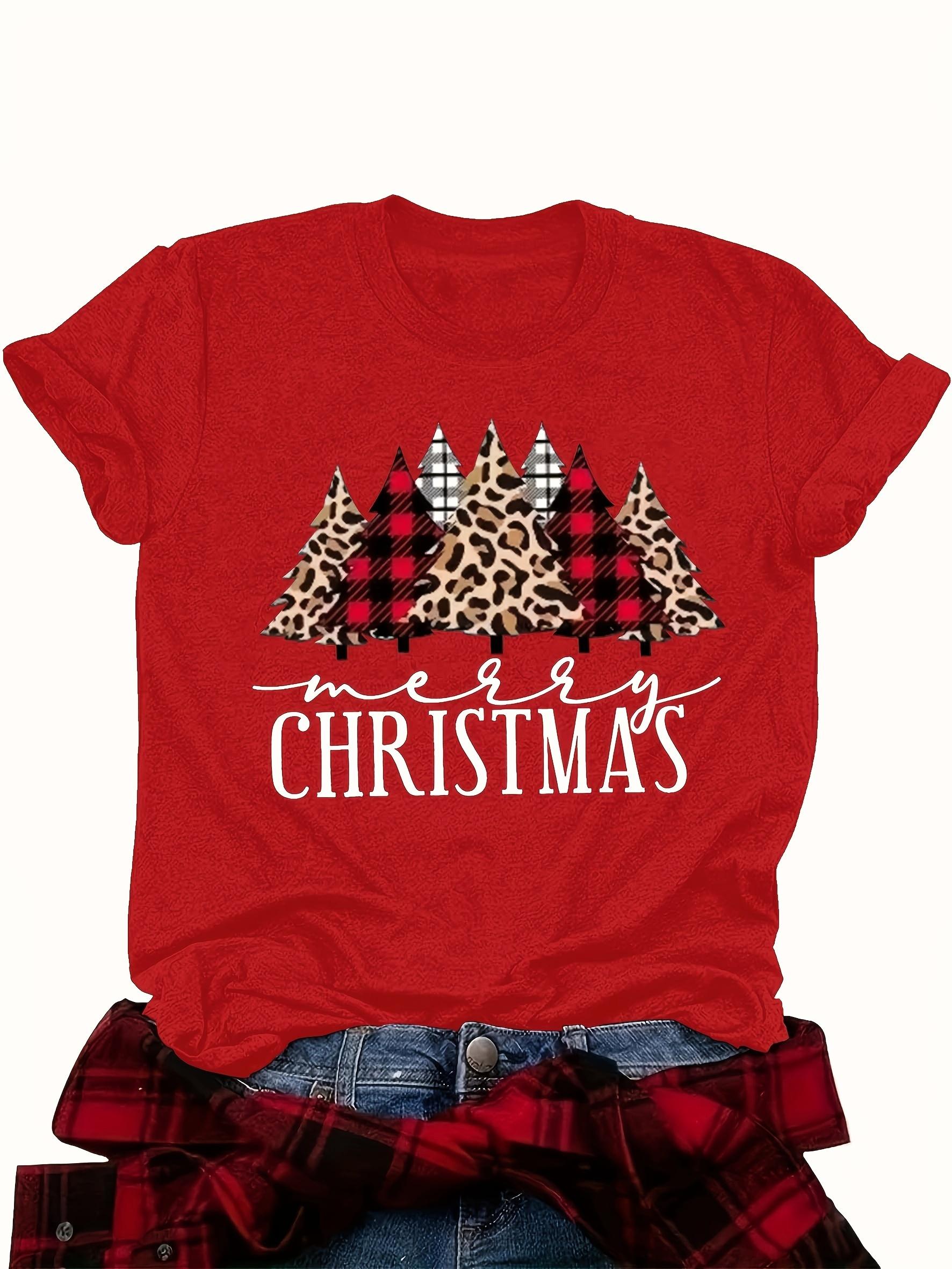 

Womens Casual Sleeve Vibrant Red Christmas Graphic with Leopard Print Trees Checkered Patterns Merry Christmas Aesthetic Clothes S