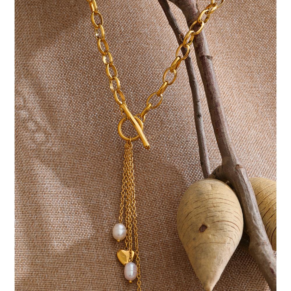 Yhpup 2026 Stainless Steel Natural Pearl Heart Tassel Chain Drop Necklace for Women Stylish Design Charm Jewelry Gift