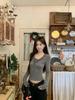 Women's Winter Chic Slim Fit V-Neck Gray Lace Tie-Up Cropped Top