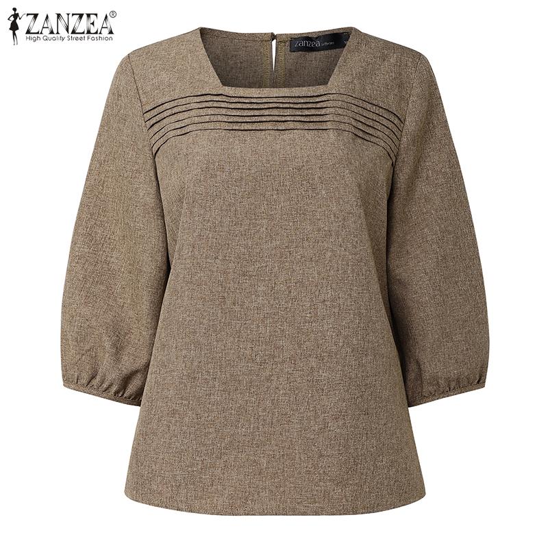 ZANZEA Women Casual Sqaure Collar Summer Loose 3/4 Sleeve Blouse