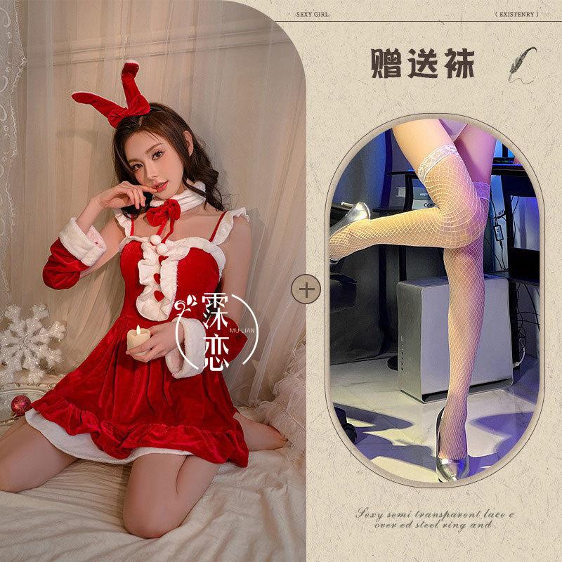 Sexy Underwear Velvet Christmas Cos Bunny Uniform Suspender Dress Women's Bed Nightgown Set