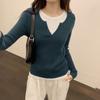 Korean Style Ins Contrasting Color Splicing Fake Two-piece Long-sleeved Tops for Women New Niche Autumn and Winter Knitted Bottoming Sweaters