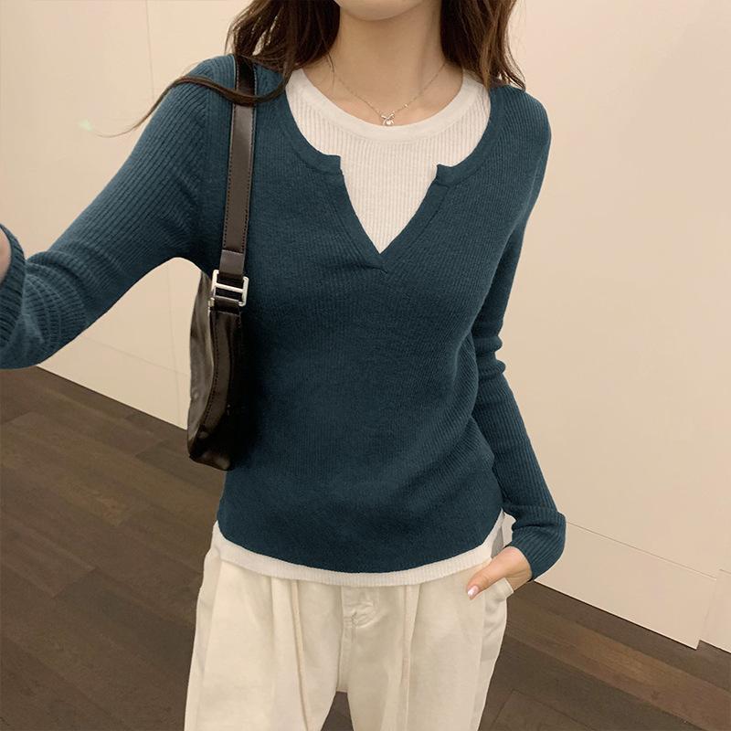 Korean Style Ins Contrasting Color Splicing Fake Two-piece Long-sleeved Tops for Women New Niche Autumn and Winter Knitted Bottoming Sweaters