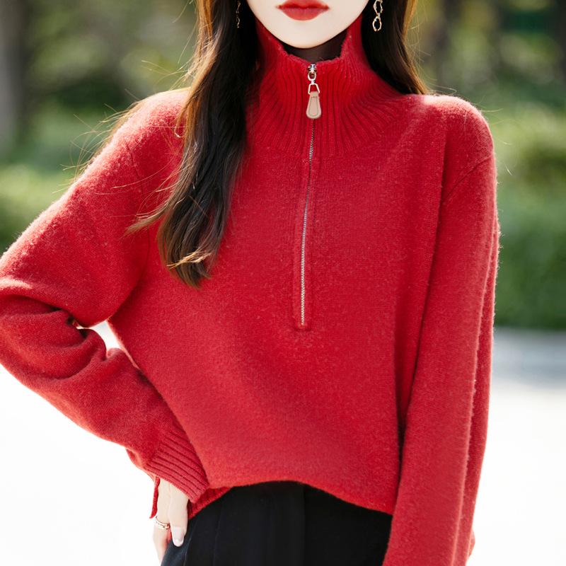 Women's Half-Zip Lapel Sweater - Autumn/Winter 2025 Loose Pure Color Knit Pullover