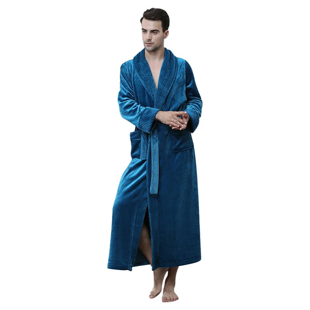 Mens Solid Thicken Velvet Robe Bathrobe Gown Pajamas Sleepwear Pocket Waistband