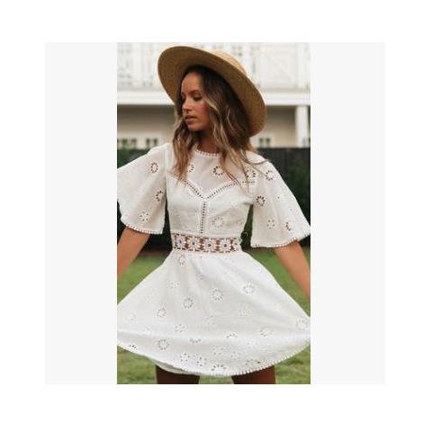 Women's Round Neck Half Sleeve Hollow Out A-Line Casual Mini Dress