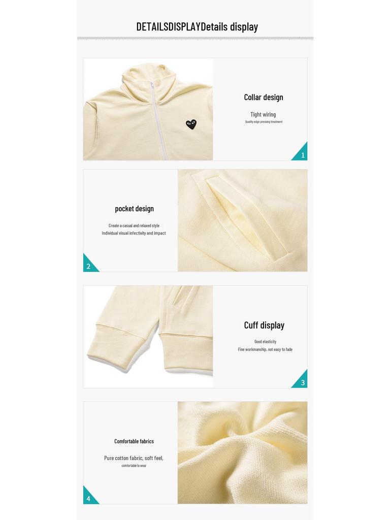 HEYPLAY Unisex Trendige Blaue Reißverschlussjacke mit Rotes Herz & Großem Schwarzen Herz auf dem Rücken, Kapuzenpullover mit Stehkragen.