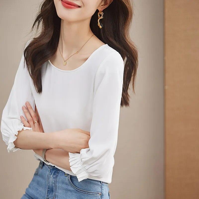 Moda șifon și gât O Cămăși pentru femei Topuri cu mâneci trei sferturi Bluze pentru damă de birou alb Îmbrăcăminte pentru femei 29467