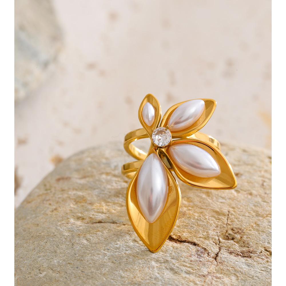 Yhpup Stainless Steel Simulated Pearls Open Flower Ring Trendy 18K Golden PVD Plated Young Modern Finger Jewelry Accessories
