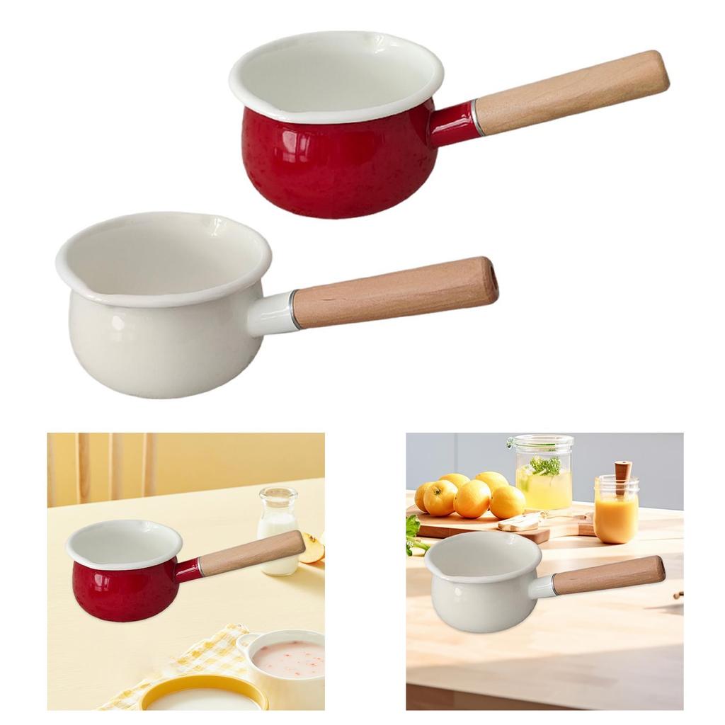 Small Enamel Milk Pot Porridge Cooking Pot with Wooden Handle Butter Warmer for Cooking Stove Top Home Camping RV Travel