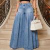 Womens Vintage Washed Denim Trousers High Rise Pleated Oversized Swing Maxi Wide Leg Floor-Length Flare Palazzo Pants