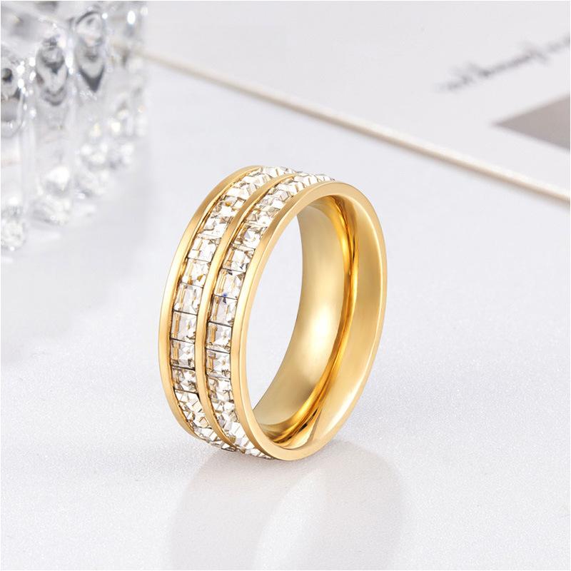 Double Row Full Diamond Sugar Cube Ring Female Gypsy Star Simple Ring Titanium Steel Electroplated Jewelry