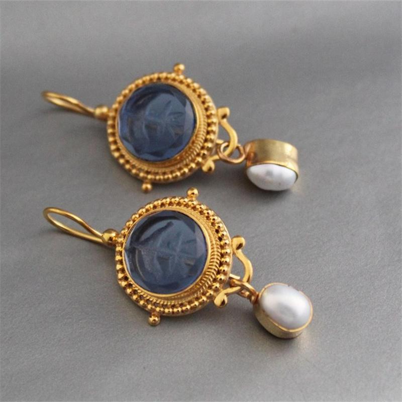 Vintage Oval Inlaid Dark Blue Flower Pattern Hanging Metal Imitation Pearl Earrings Personality Party Dangle Earrings for Women