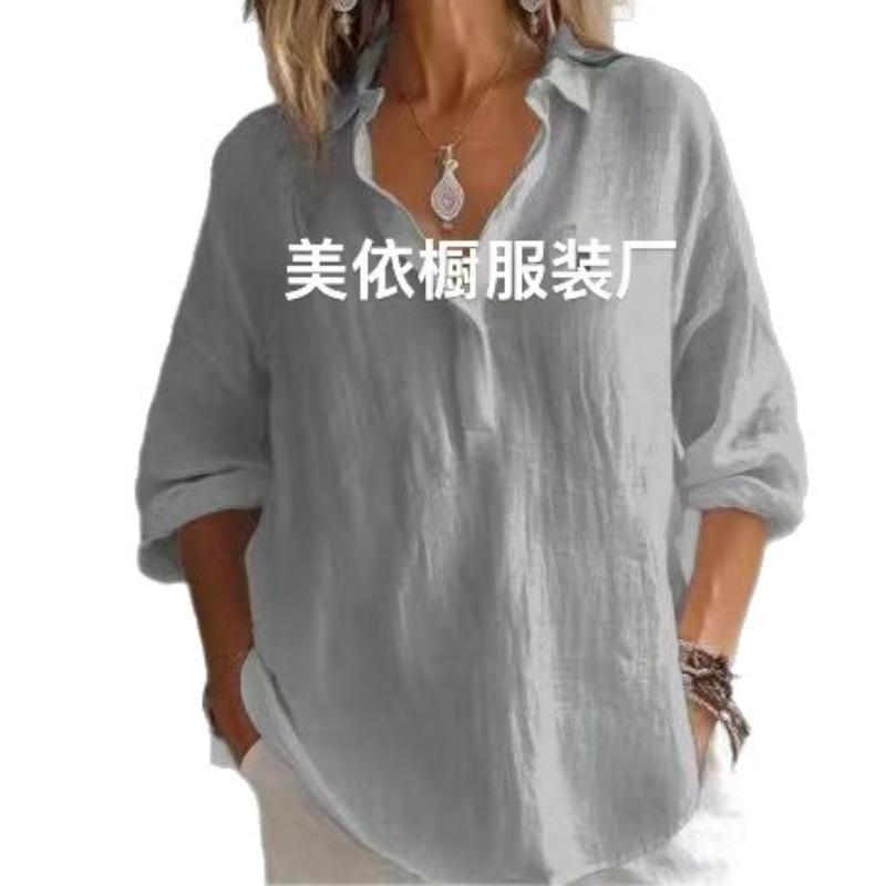 Women's Spring Summer Solid Color Loose Long Sleeve Linen V-Neck Casual Shirt Blouse