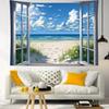 Coastal Window View Wall Hanging, Tropical Beach Ocean Green Tree Nature Landscape Art Fabric for Bedroom Living Room Decor