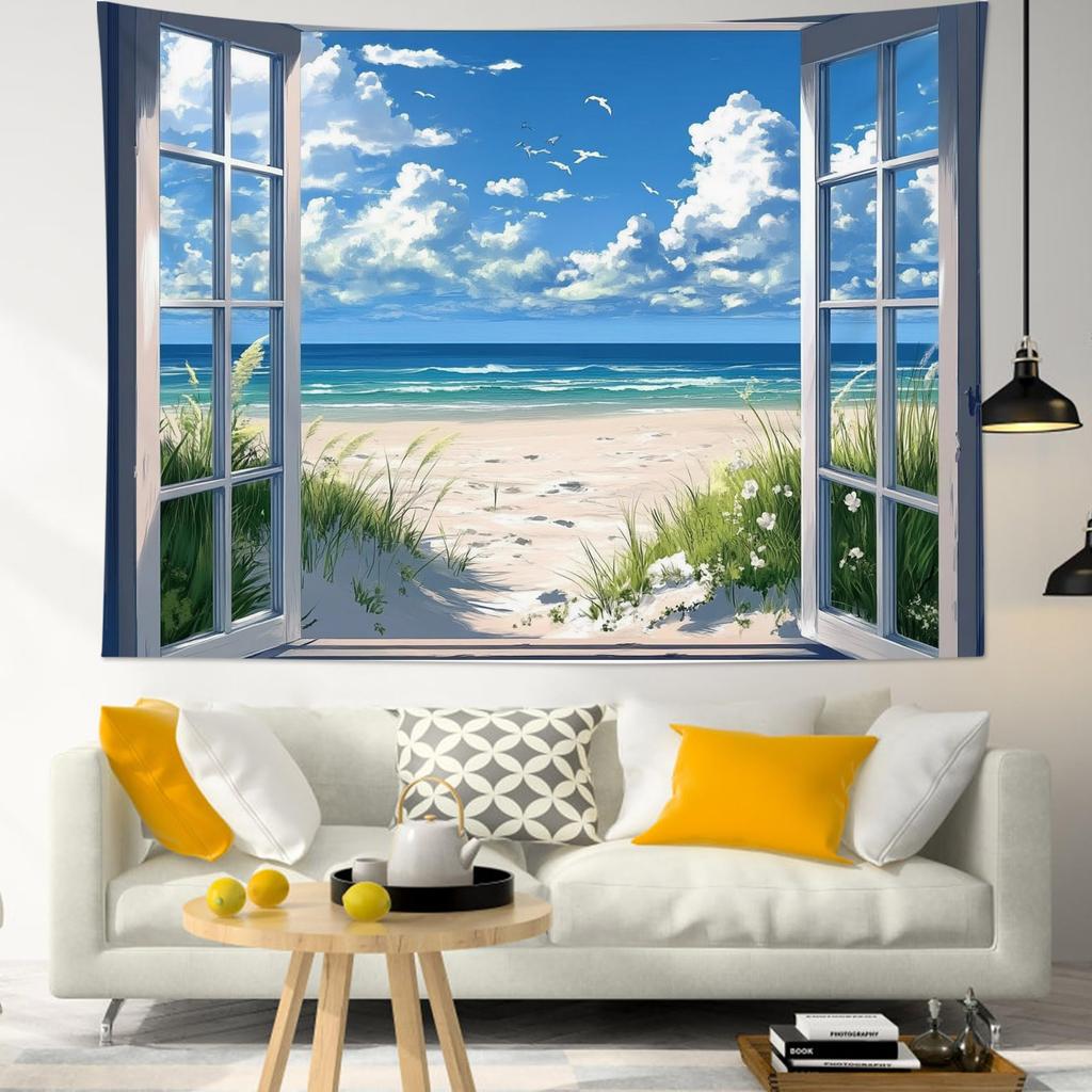 Coastal Window View Wall Hanging, Tropical Beach Ocean Green Tree Nature Landscape Art Fabric for Bedroom Living Room Decor