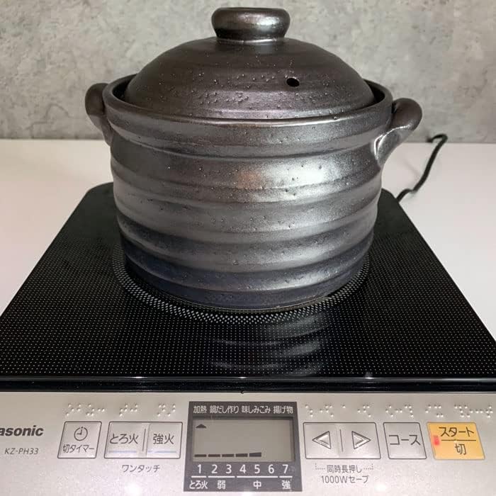 Banko Ware Rice Heat Black Glaze Made in Japan Cooker, 3-Cup, Earthenware, Induction/Direct Compatible, Metal,