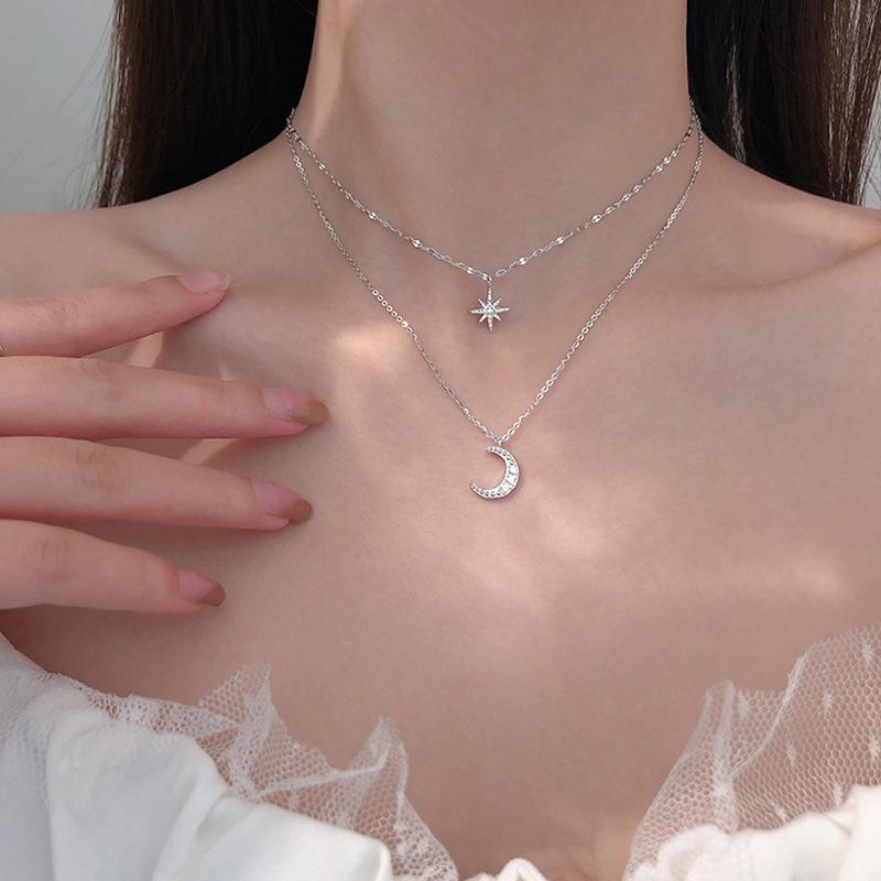 925 Silver Necklace for Women Double Layer Zircon Star Moon Pendant Necklace Delicate Chain Charm Elegant Fashion Jewelry Gifts