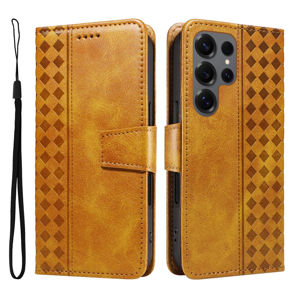 For Samsung Galaxy S25 Ultra Leather Case Wallet Stand Grids Imprinted Phone Cover with Strap