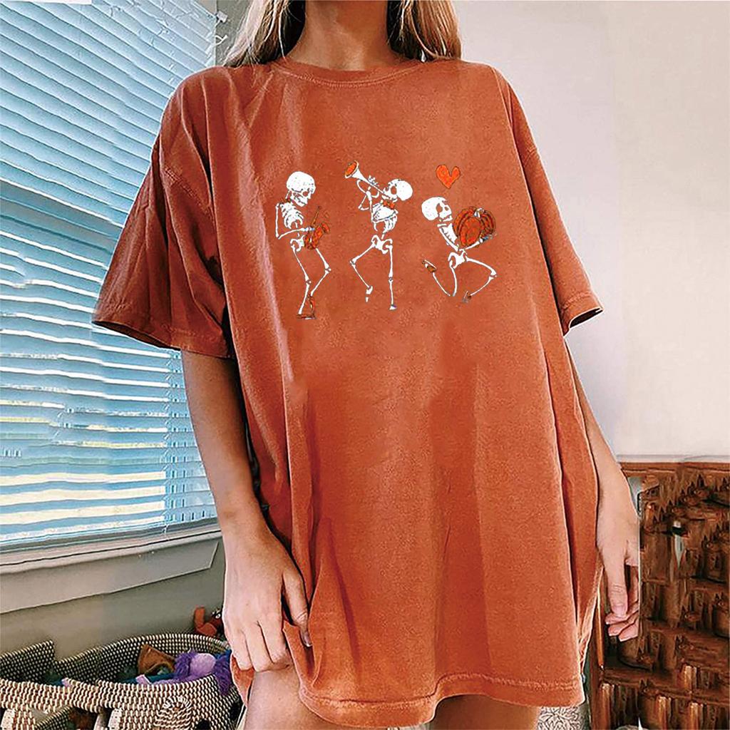 Women's Loose Blouse Round Neck Short Sleeve Halloween  Print T-shirt Top
