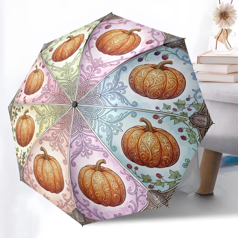 

1pc Sturdy 8-Bone Auto Umbrella, Golden Warm Retro Pumpkin Phantoms Umbrella, Digital Printed, Foldable Umbrella for On-the-Go Outdoor Use