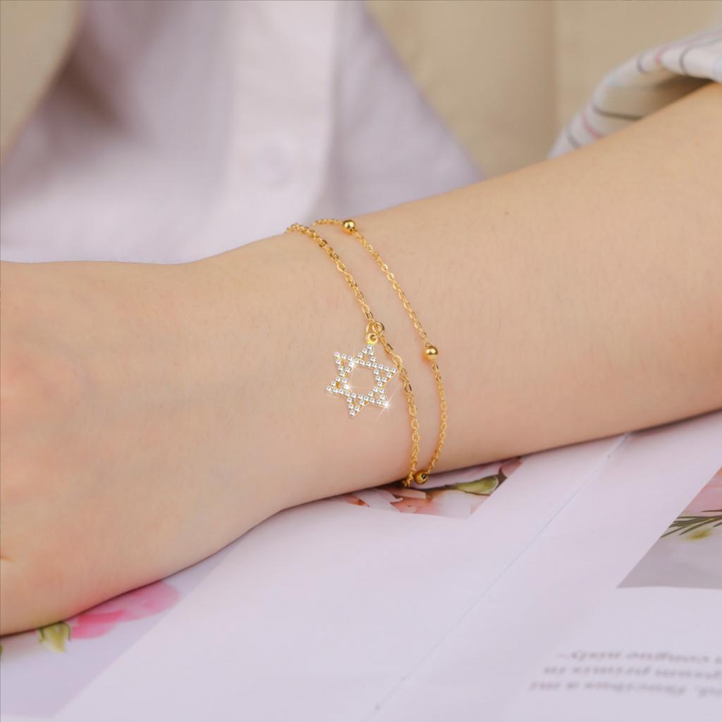 Jeshayuan Bling Zircon Star Of David Bracelet For Women Double Layer Beads Chain Bracelet Stainless Steel Je Bracelet Gift