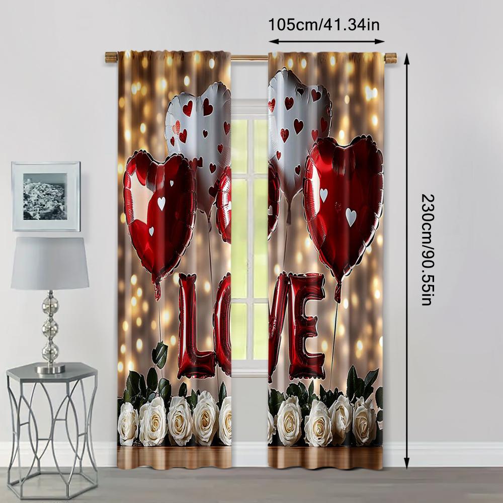 2pc, Window Curtains Valentine's Day Truck Background Romantic Love Balloons Versatile Fabric,Without Electricity Festive
