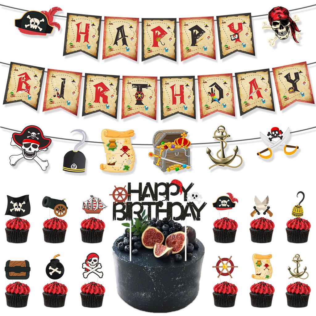 Pirate Theme Party Decoration Boy Birthday Flag Cake Card Balloon Set Customization