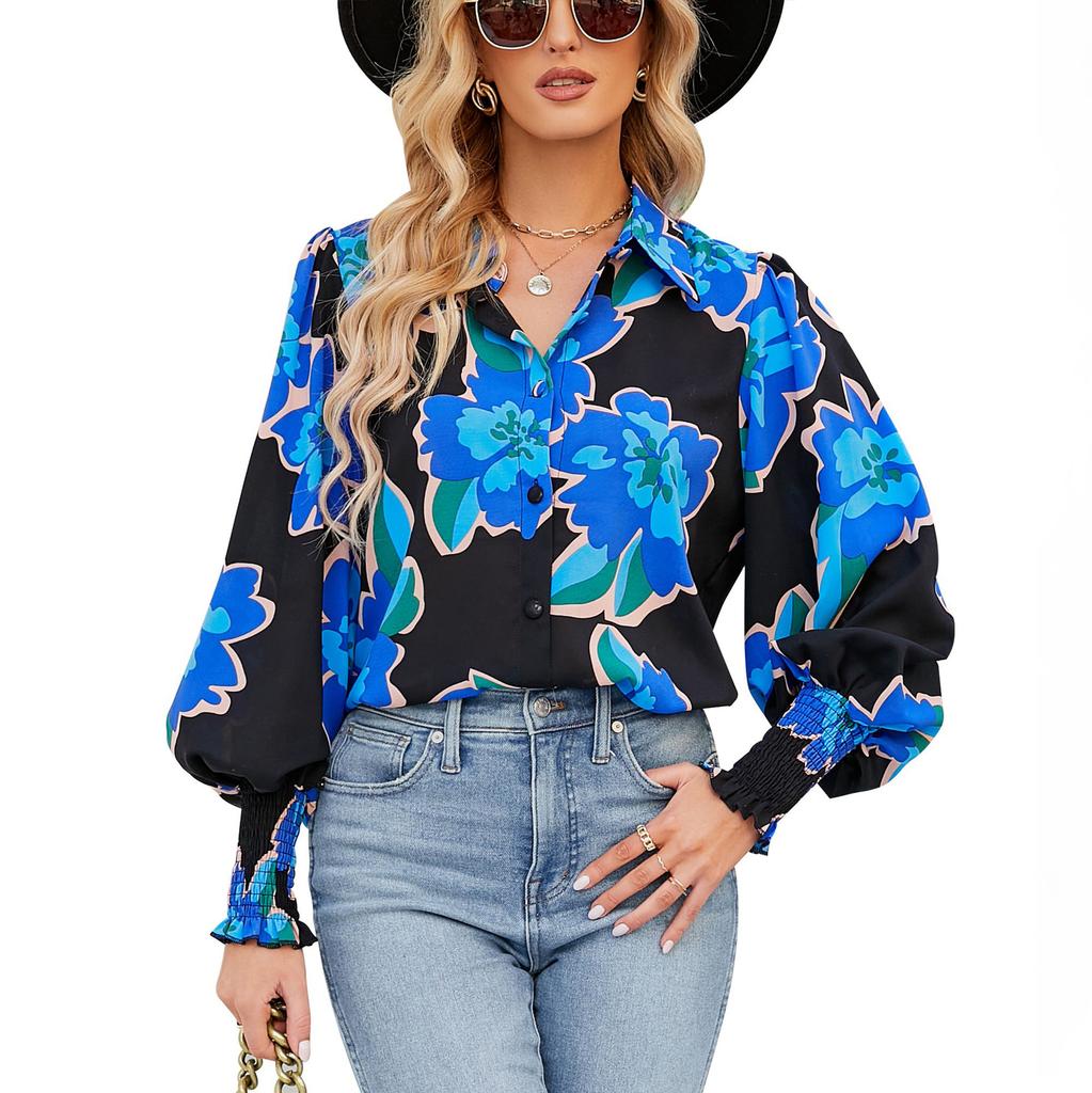 DX2018-8127 # - New Top Casual Print Bubble Shoulder Lantern Long Sleeve Shirt Women