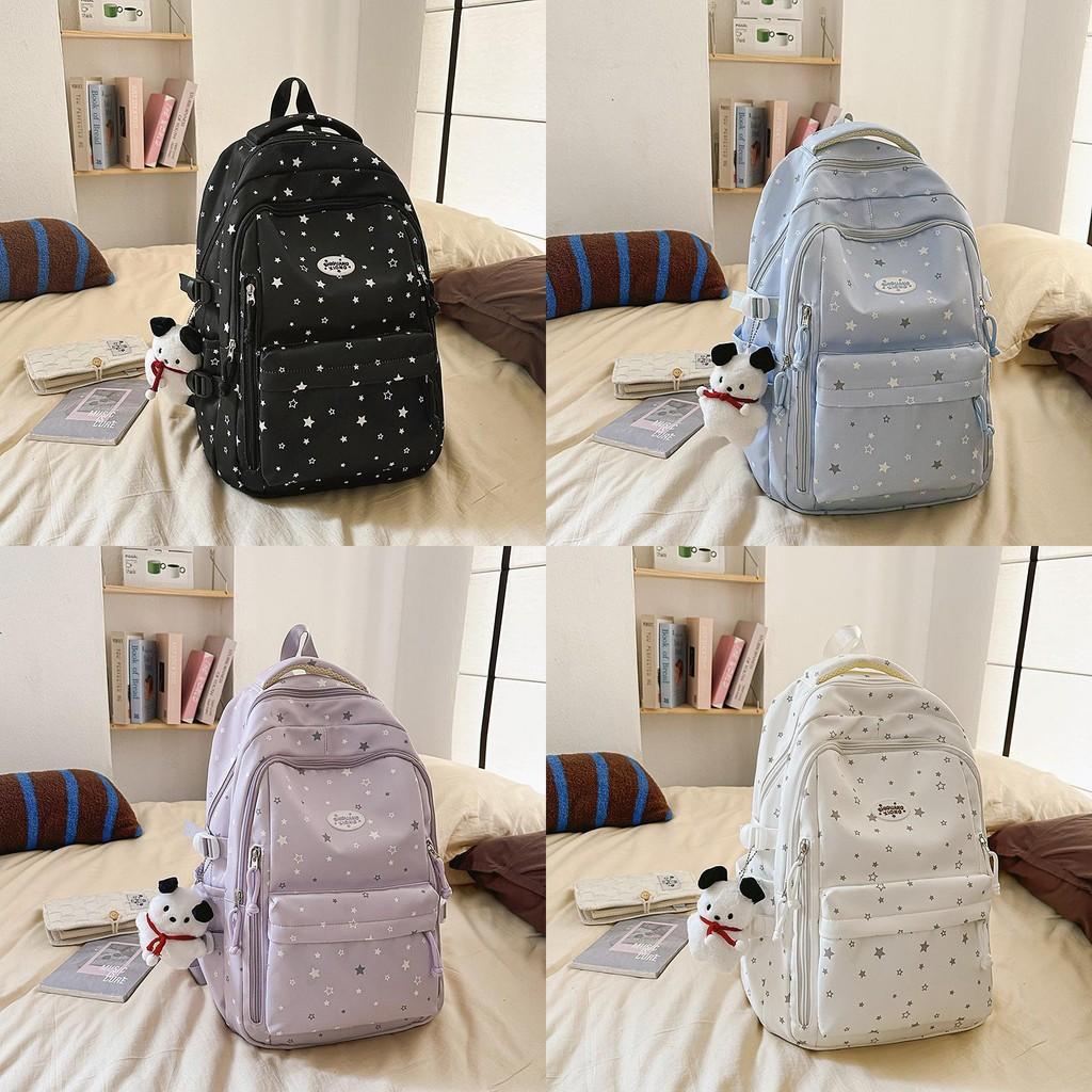 Star Pattern Simple Student Backpack With Plush Pendant For Casual Daily