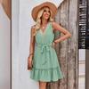 Summer Women Casual Sleeveless V-Neck Lace A-Line High Waist Above Knee Short Belt Solid Color Dress Spring Dress Sizes S-XL