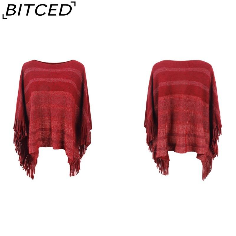 BITCED Off-Shoulder Fringe Shawl Women's Autumn Color-Block Striped Cape Coat