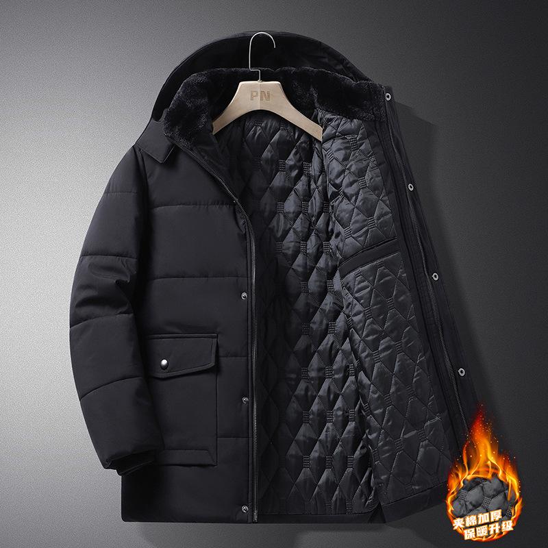 

Мужское зимнее пальто средней длины с капюшоном, плюшевое, утолщенное - деловое повседневное теплое хлопковое пальто, доступен большой размер 8XL