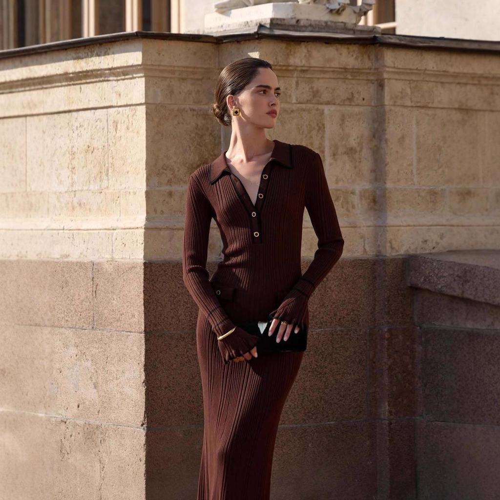 2025 Autumn European & American Women's Knitted Wool Dress with Button Shirt Collar
