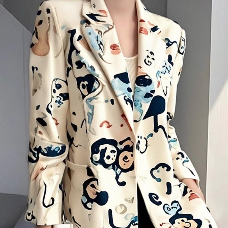 Beige Printed Fashion Blazer Spring Autumn New Stylish Casual Korean Style Coat