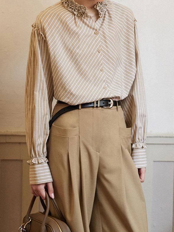 2025 Hepburn Style French Striped Petal Collar Shirt for Women - Unique, Beautiful, Small Top